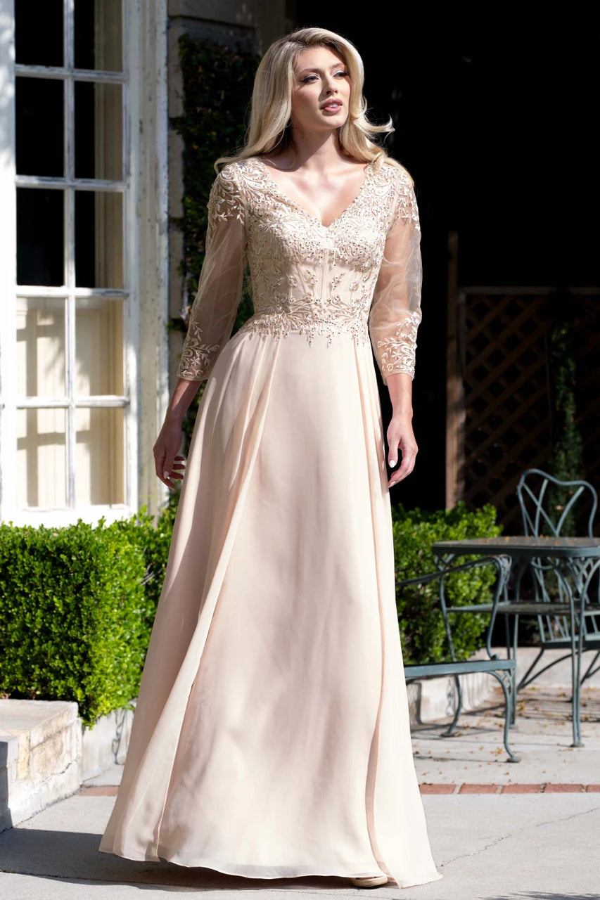 3/4 Sleeves V-Neck Mother of the Bride Dress with Embroidered Lace Appliqué Bodice by Lenovia 8436