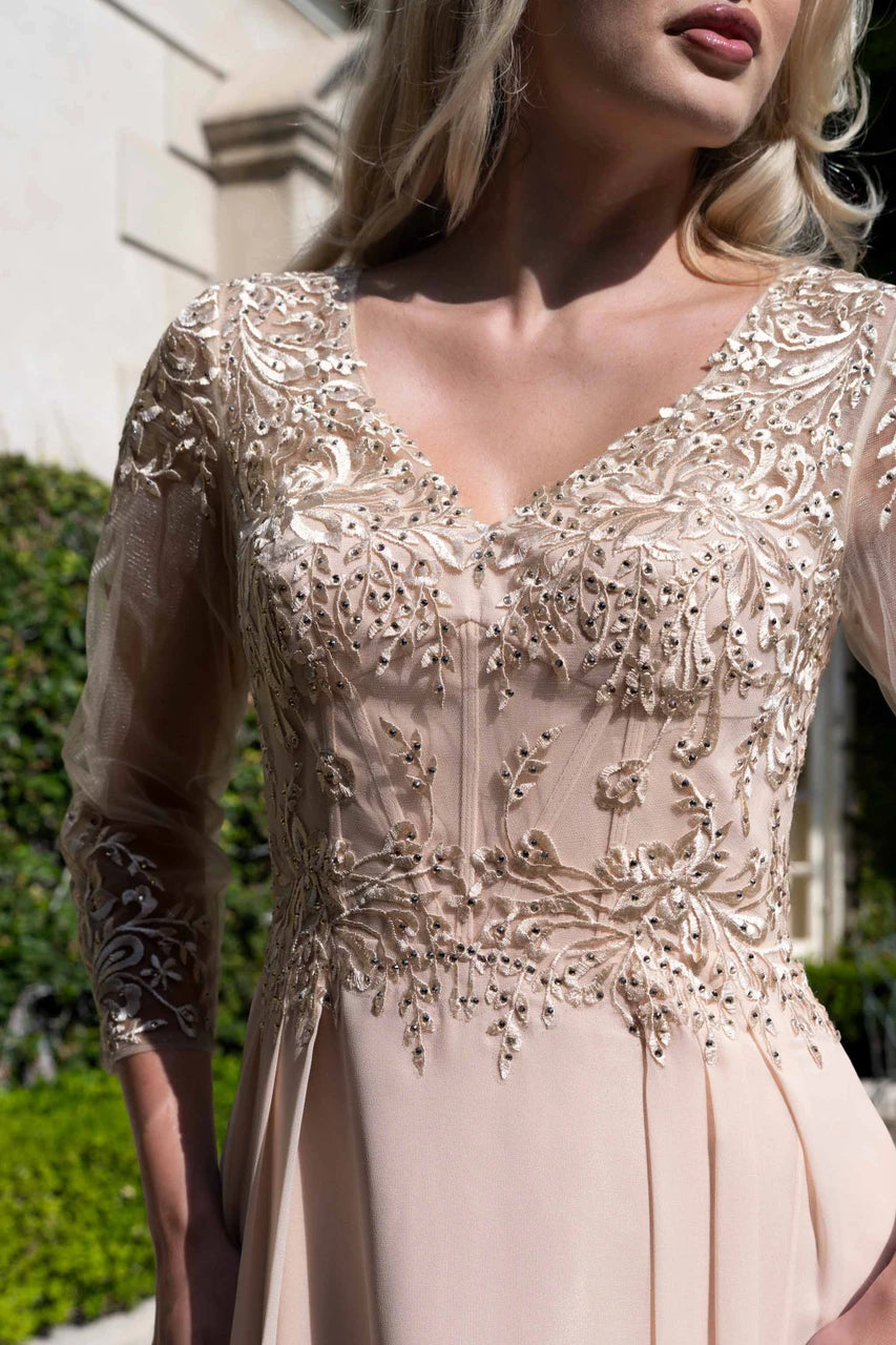 3/4 Sleeves V-Neck Mother of the Bride Dress with Embroidered Lace Appliqué Bodice by Lenovia 8436