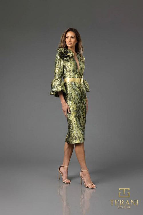 Terani Couture 251C4167 Sophisticated Cocktail Slit 3/4 Sleeve Formal Jacquard Dress