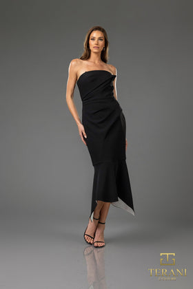 Terani Couture 251C4173 Cocktail Strapless Mermaid Evening Stretch Black Twill Dress
