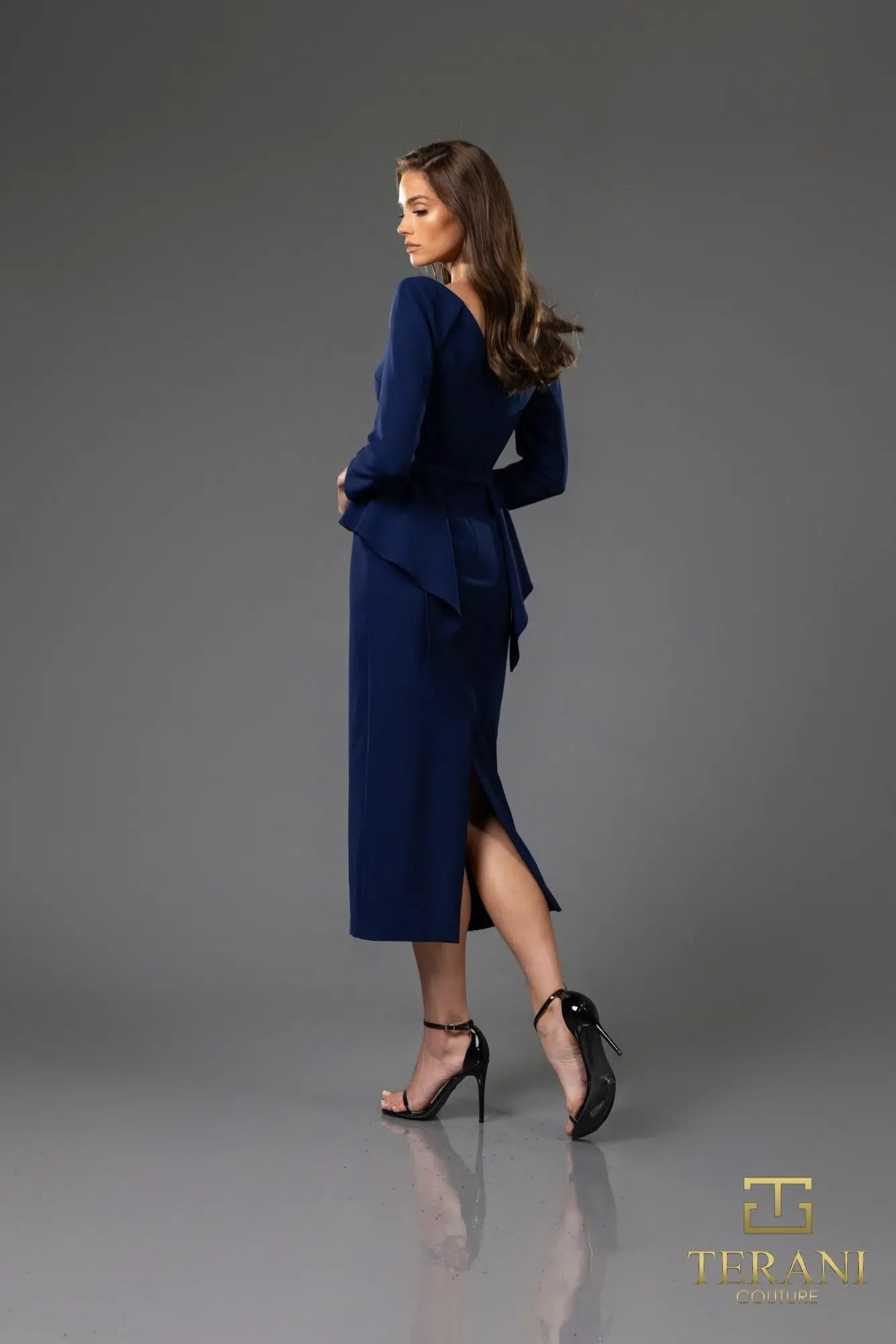 Terani Couture 251c4638b Full Sleeves Sheath Navy Short Cocktail Dress