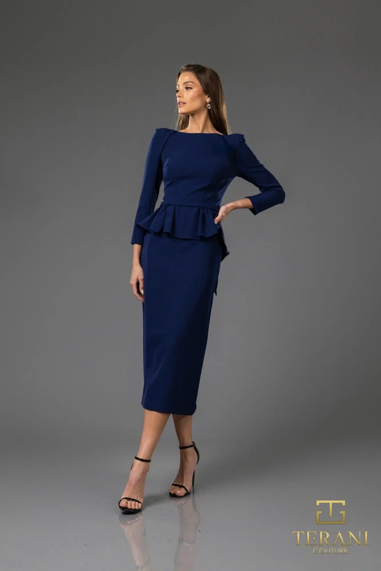 Terani Couture 251c4638b Full Sleeves Sheath Navy Short Cocktail Dress