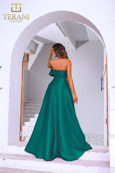 Terani Couture 251E4051 Evening Strapless A-Line Beaded Formal Emerald Metallic Dress