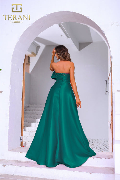 Terani Couture 251E4051 Evening Strapless A-Line Beaded Formal Emerald Metallic Dress