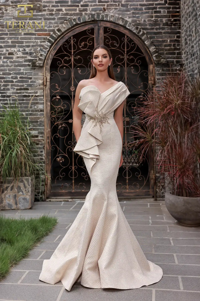 Terani Couture 251E4201 Elegant Glamorous Evening One-Shoulder Trumpet Jacquard Dress