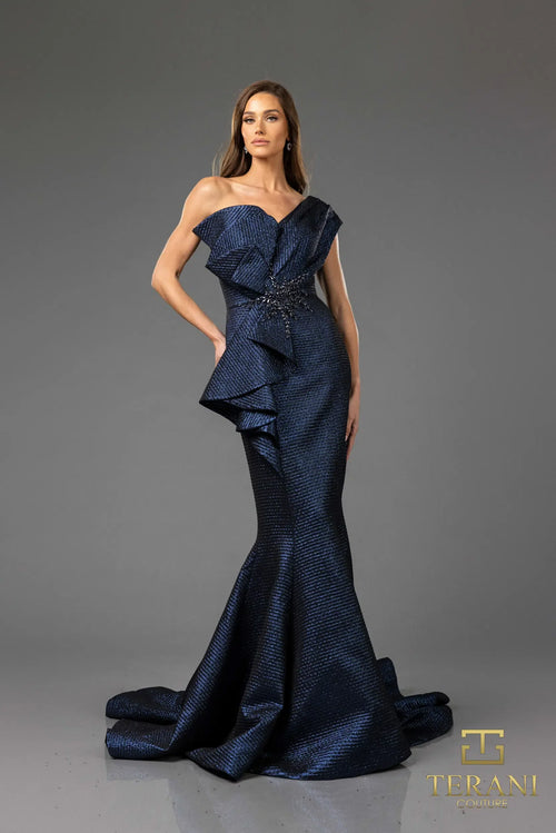 Terani Couture 251E4201 Elegant Glamorous Evening One-Shoulder Trumpet Jacquard Dress