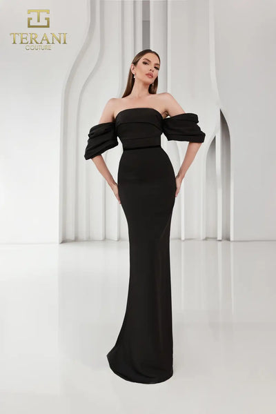 Terani Couture 251E4204 Glamorous Off-Shoulder Sheath Slit Evening Matte Satin Dress