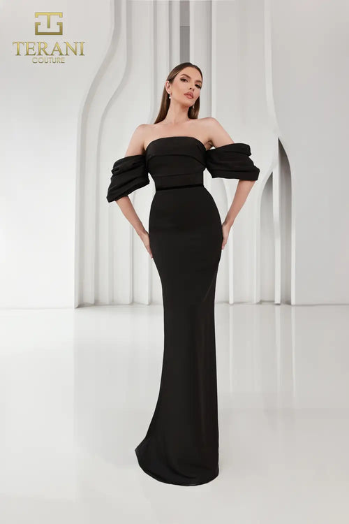 Terani Couture 251E4204 Glamorous Off-Shoulder Sheath Slit Evening Matte Satin Dress
