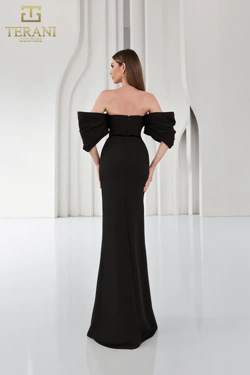 Terani Couture 251E4204 Glamorous Off-Shoulder Sheath Slit Evening Matte Satin Dress