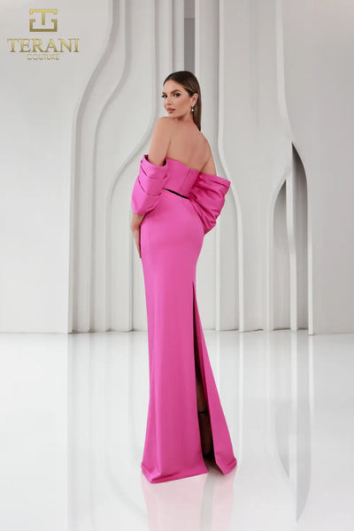Terani Couture 251E4204 Glamorous Off-Shoulder Sheath Slit Evening Matte Satin Dress