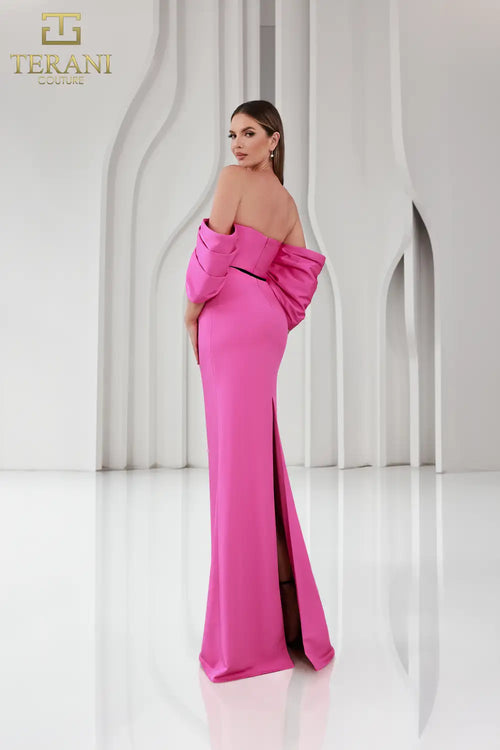 Terani Couture 251E4204 Glamorous Off-Shoulder Sheath Slit Evening Matte Satin Dress