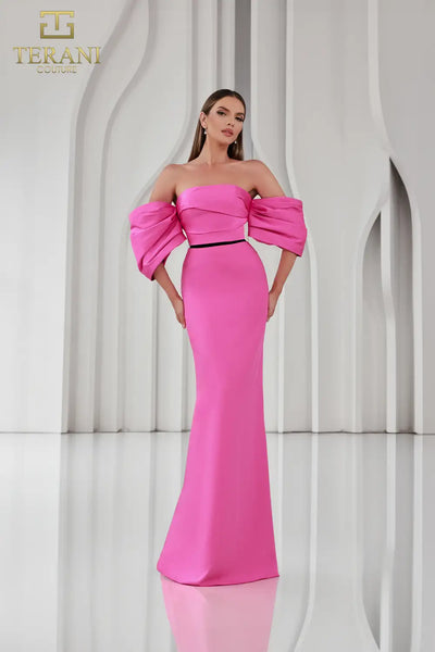 Terani Couture 251E4204 Glamorous Off-Shoulder Sheath Slit Evening Matte Satin Dress