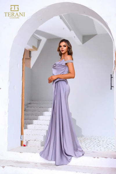Terani Couture 251E4220 Evening Off-Shoulder Beaded Slit Long Matte Black Satin Dress