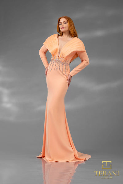 Terani Couture 251e4222 V Neck Long Sleeves Fit And Flare Evening Dress