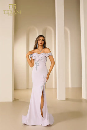 Terani Couture 251E4237 Formal Ruffled Cap Sleeve Long Evening Stretch Taffeta Dress