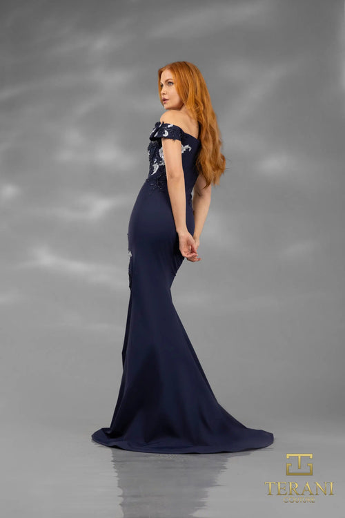 Terani Couture 251E4237 Formal Ruffled Cap Sleeve Long Evening Stretch Taffeta Dress