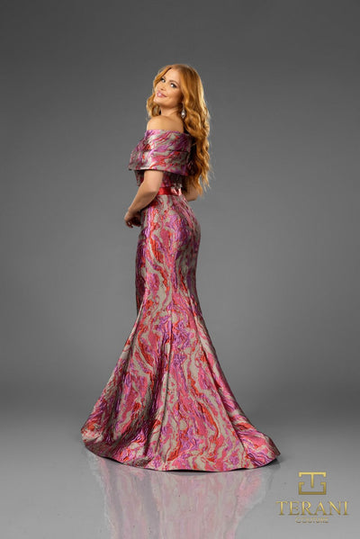 Terani Couture 251E4253 Elegant Evening Mermaid Pleated Formal Fuchsia Jacquard Dress