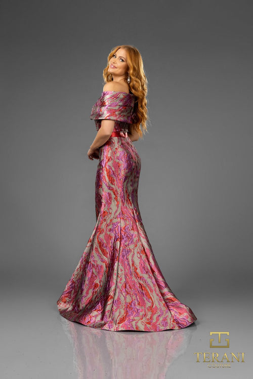 Terani Couture 251E4253 Elegant Evening Mermaid Pleated Formal Fuchsia Jacquard Dress