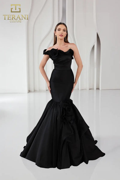 Prom Dresses Long Fitted 3D Floral Prom Formal Dress Black