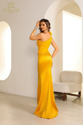 Terani Couture 251E4578 Vestido de noche largo, ajustado, formal, con volantes y peplum
