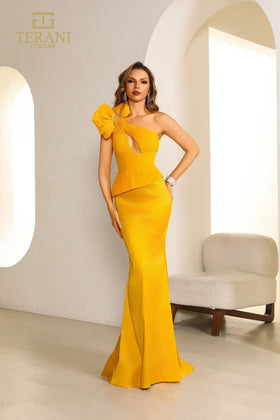 Terani Couture 251E4578 Elegant Formal One-Shoulder Ruffled Long Evening Satin Dress