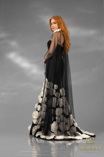Vestido formal largo con capa desmontable y apliques florales 3D Terani Couture 251GL4184