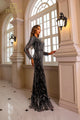Formal Dresses Long Sleeve Formal Beaded Evening Dress Black Silver