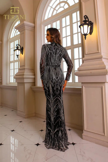 Terani Couture 251GL4311 Vestido de noche formal con cuentas y manga larga