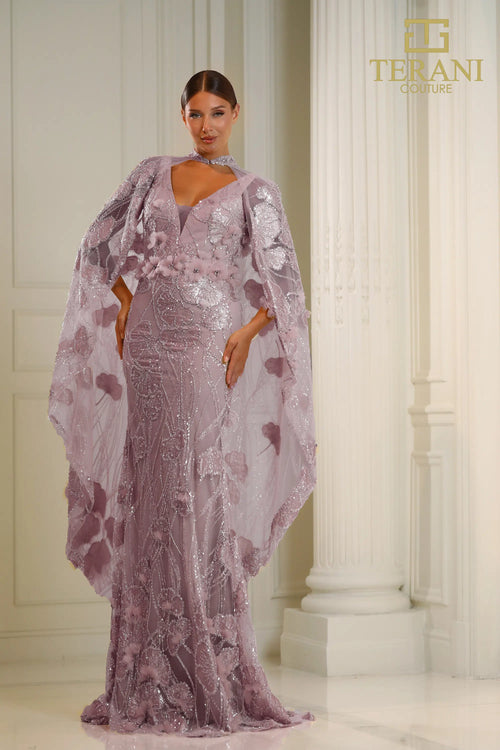 Terani 251m4326 Long Sleeve Cape Mother of the Bride Dress | V-neck Evening Gown