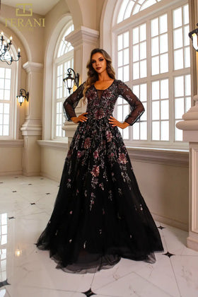 Terani Couture 251M4408 Formal Sequined Long Sleeve Evening Beaded Black Tulle Dress