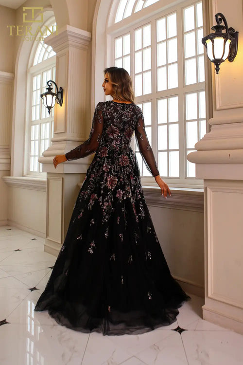 Terani Couture 251M4408 Formal Sequined Long Sleeve Evening Beaded Black Tulle Dress