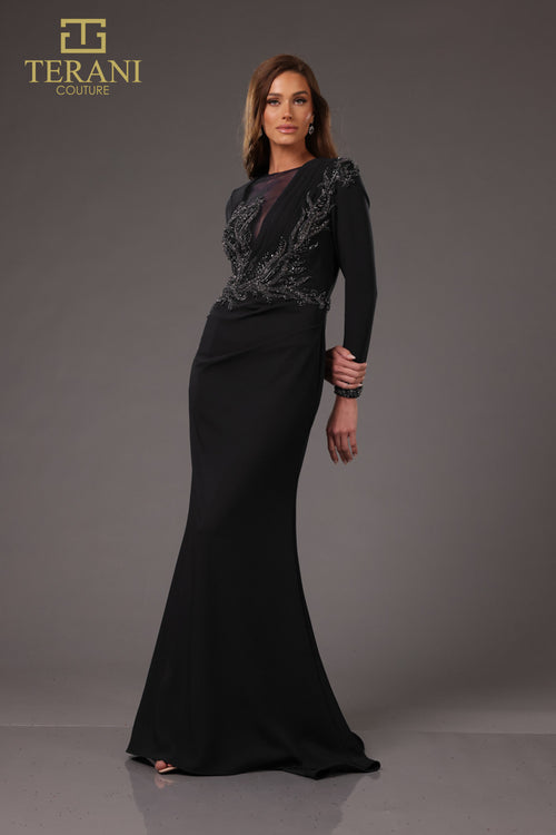 Terani Couture 251m4422 Assyemtric Full Sleeves Sheath Long Dress
