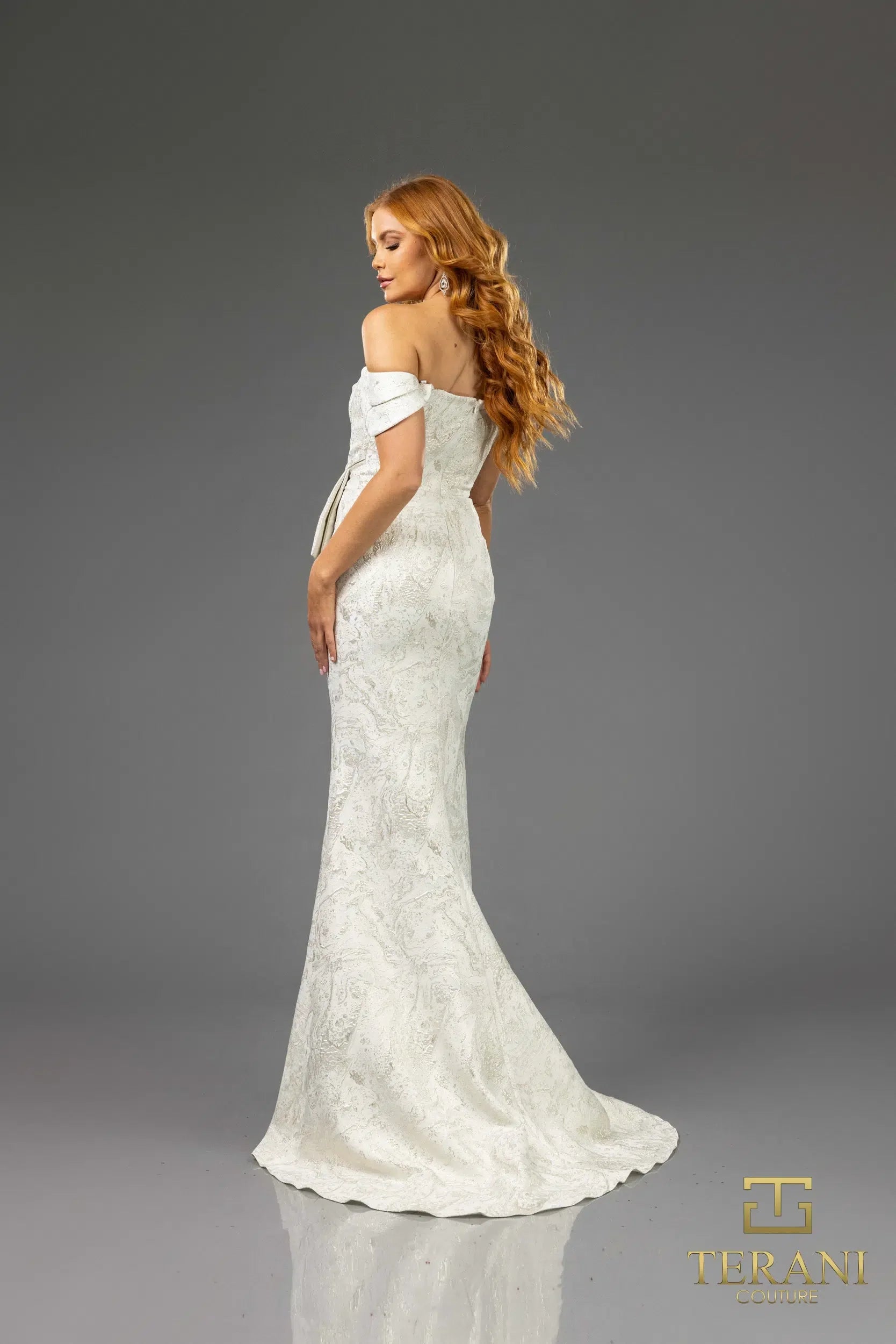 Terani Couture 251M4435 Elegant Off-Shoulder Sheath Cap Sleeve Formal Jacquard Dress