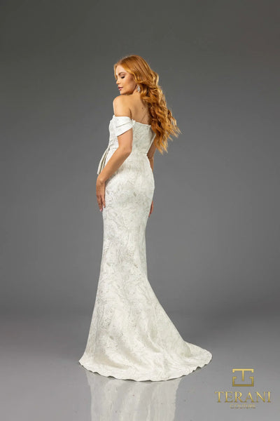 Terani Couture 251M4435 Elegant Off-Shoulder Sheath Cap Sleeve Formal Jacquard Dress
