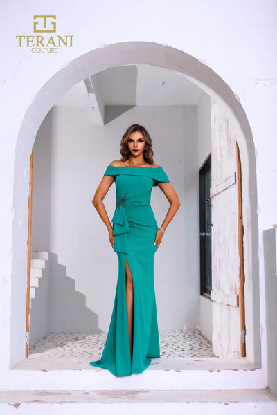 Formal Dresses Beaded Applique Long Formal Peplum Evening Dress Green