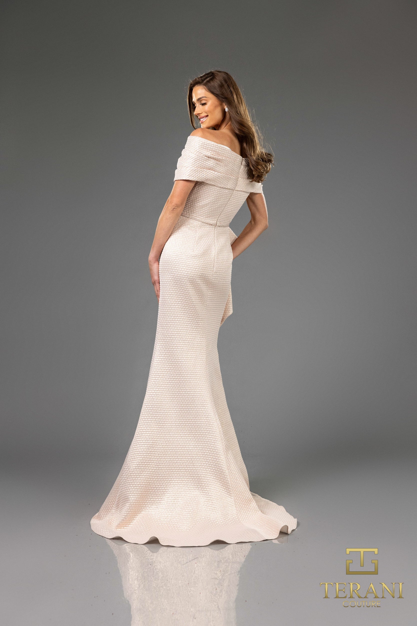 Terani Couture 251M4448 Metallic Off-Shoulder Long Formal Evening Gown