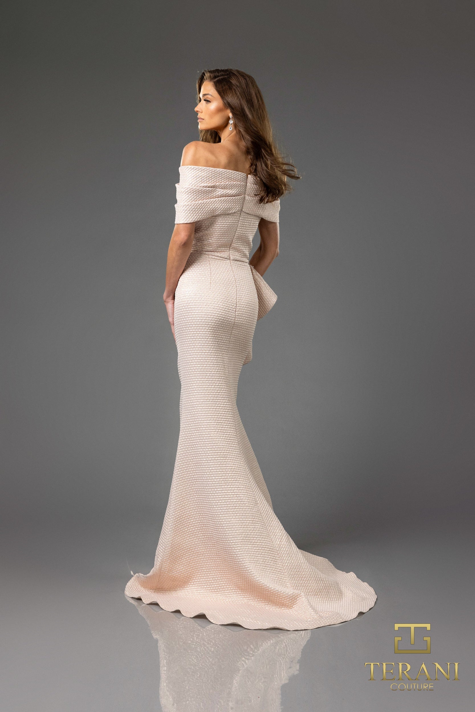 Terani Couture 251M4448 Metallic Off-Shoulder Long Formal Evening Gown