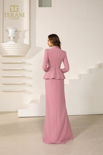 Terani Couture 251m4572 V Neck Full Sleeves Long Sheath Dress