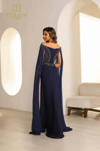 Terani Couture 251M4580 Beaded Long Evening Gown with Cape Sleeves – Formal Dress