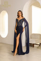 Formal Dresses Beaded Cape Sleeve Long Formal Evening Dress Navy