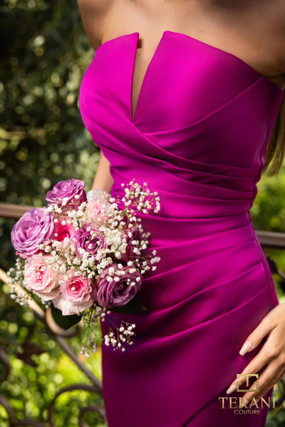 Terani Couture 251P4023 Elegant Asymmetrical Strapless Slit Formal Matte Satin Dress