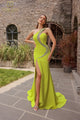 Vestido de fiesta ajustado y acampanado de crepé sin mangas, asimétrico, Terani Couture 251p4036 