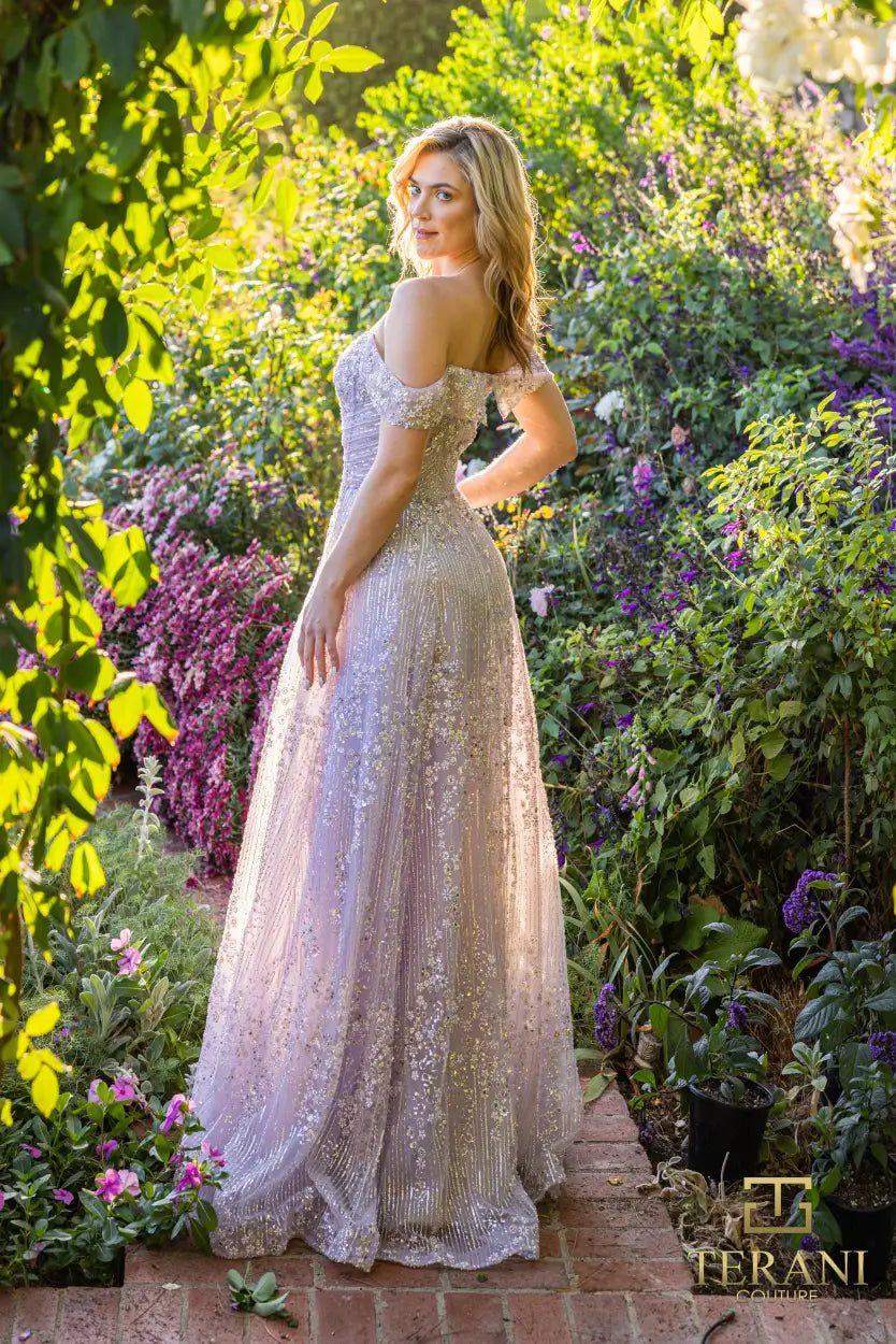 Vestido de fiesta Terani Couture 251p4041 de tul con cuentas y tirantes al descubierto
