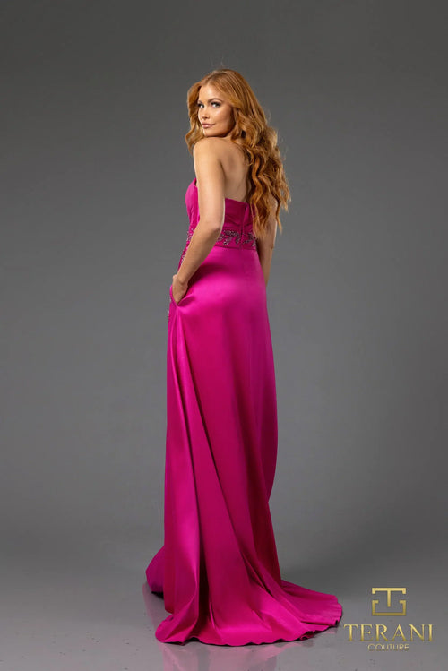 Terani Couture 251P4061 Glamorous Strapless A-Line Slit Evening Stretch Mikado Dress