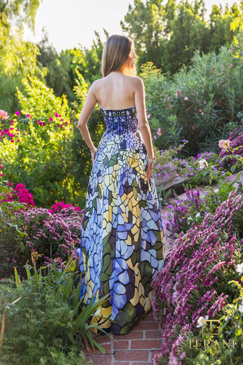 Vestido de fiesta de satén estampado sin mangas Terani Couture 251p4147 