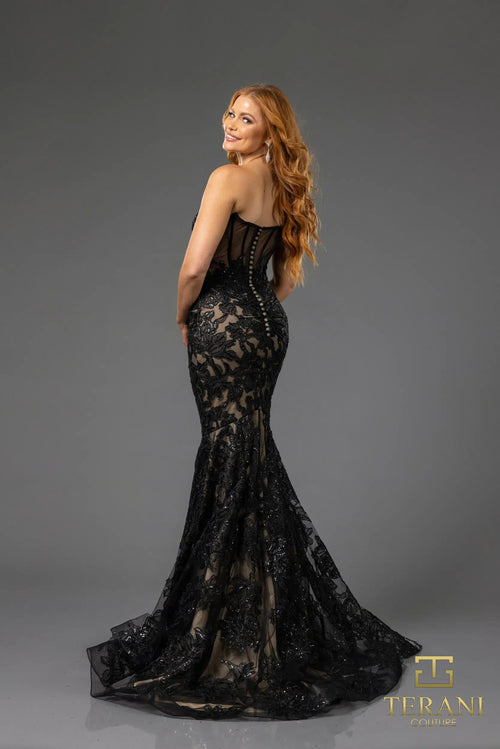 Terani 251p4355 Strapless Lace Embroidered Mermaid Prom Dress