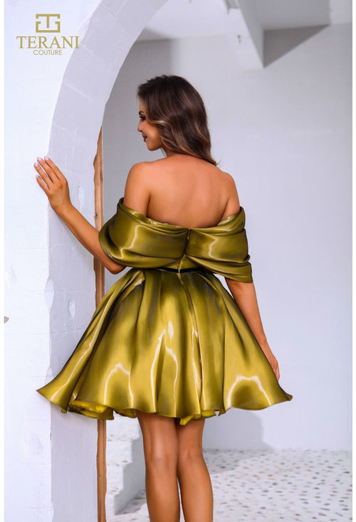 Terani Couture 251C4045 Elegant Prom Cocktail Off-Shoulder Gold Formal Organza Dress