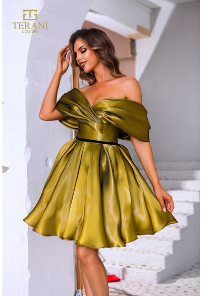 Terani Couture 251C4045 Elegant Prom Cocktail Off-Shoulder Gold Formal Organza Dress