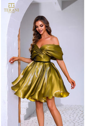 Terani Couture 251C4045 Elegant Prom Cocktail Off-Shoulder Gold Formal Organza Dress