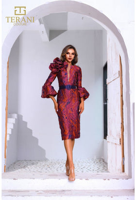Terani Couture 251C4167 Sophisticated Cocktail Slit 3/4 Sleeve Formal Jacquard Dress